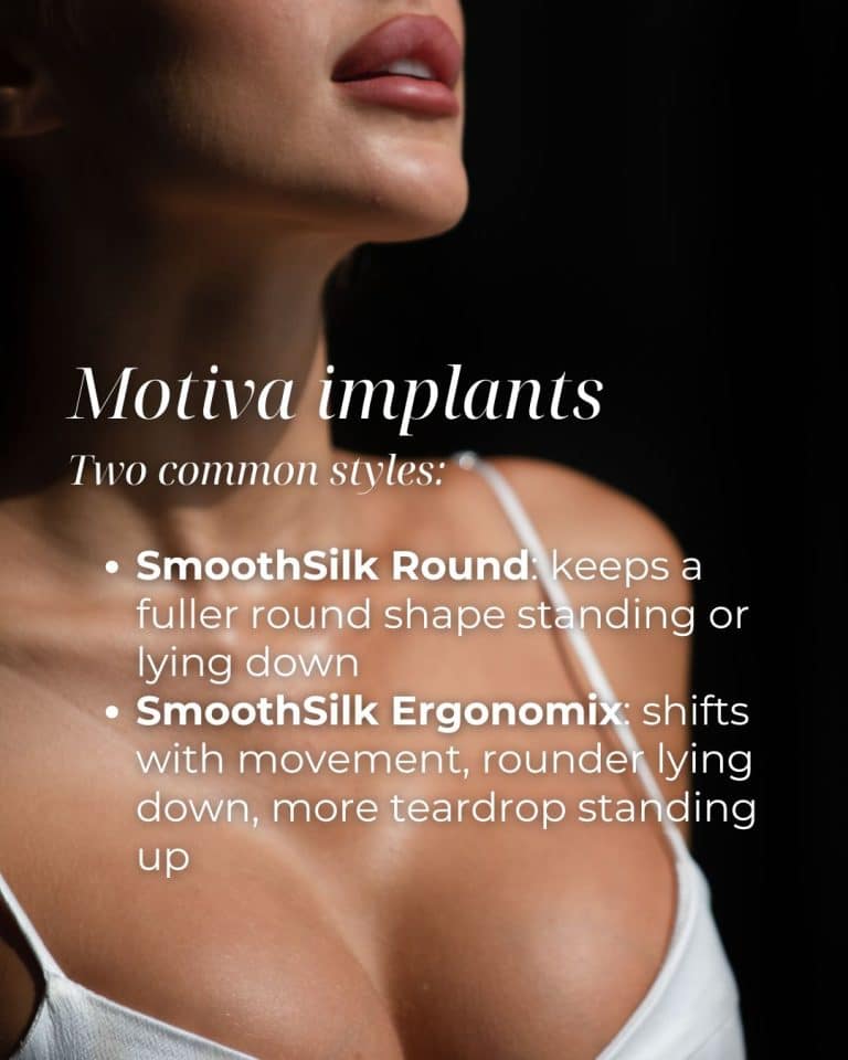 Motiva implants, two common styles: SmoothSilk Round keeps a fuller round shape standing or lying down; SmoothSilk Ergonomix shifts with movement, rounder lying down and more teardrop standing up