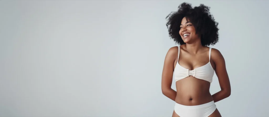 Woman with curly hair smiling in a white bra and briefs, lead photo for a guide to insurance coverage for breast reduction