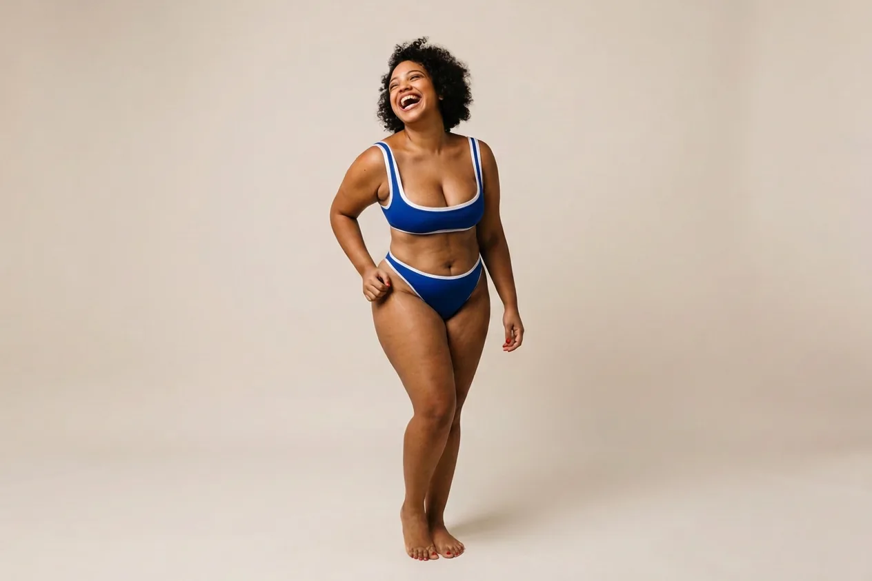 Plus-size woman laughing confidently in a blue swimsuit, lead photo for a guide to plus-size tummy tuck surgery in Chicago